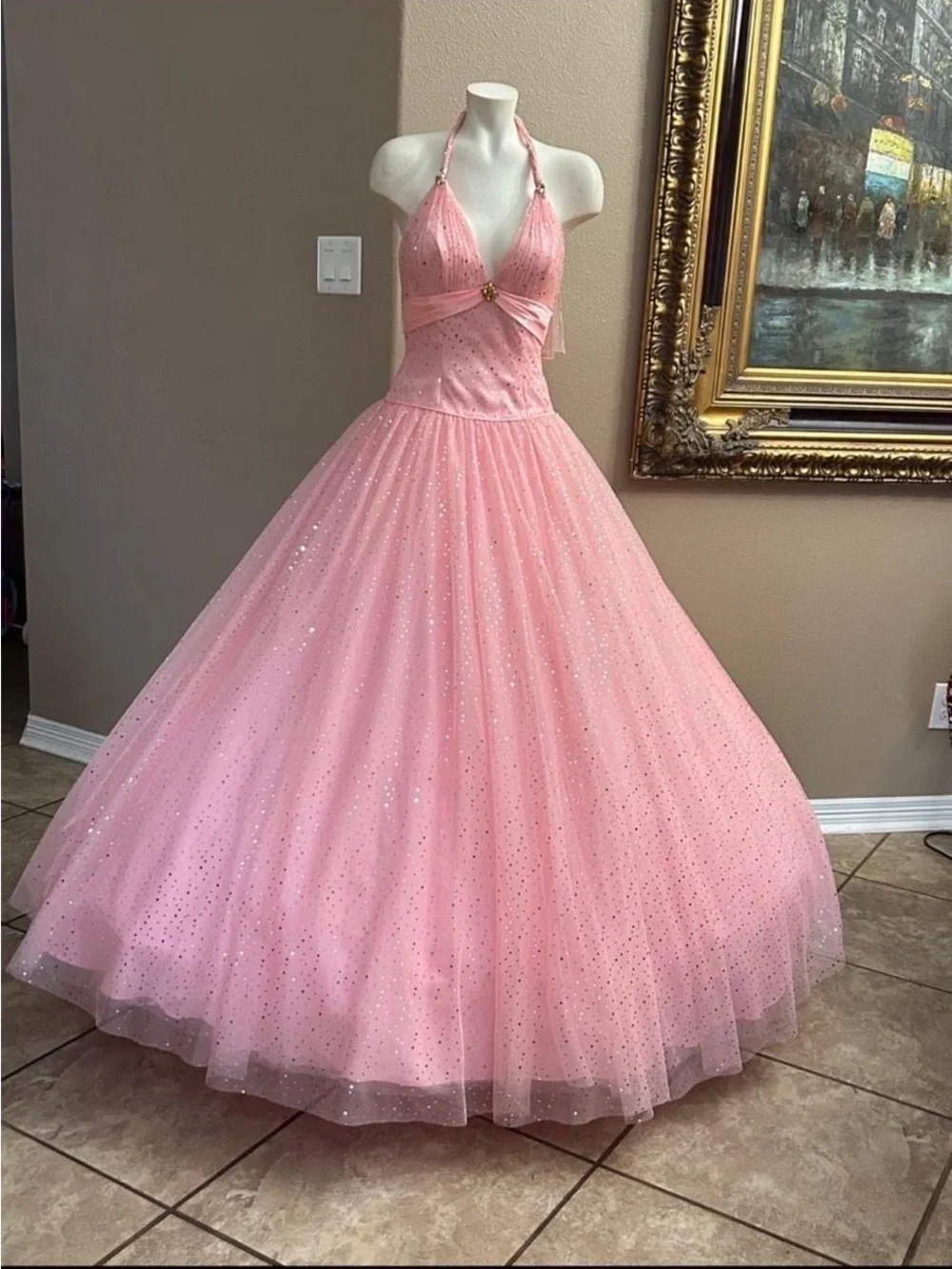 Quinceañera Sparkle Halter Pink Prom Ball Gown Dress